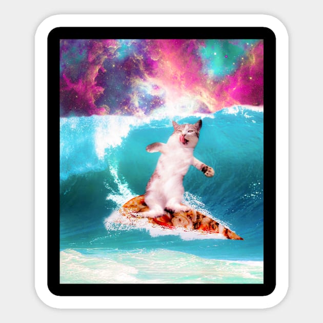 Kitty Cat Surfing Pizza In Space Sticker by Random Galaxy